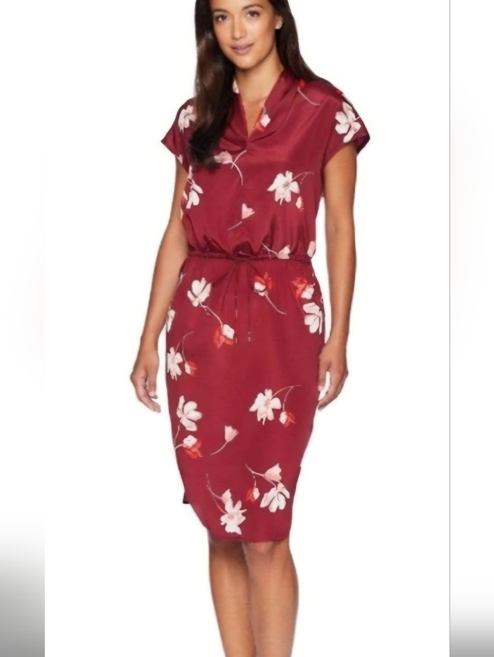 NWT LAUREN by RALPH LAUREN Floral Print Burgundy Drawstring Waist Dress sz 16